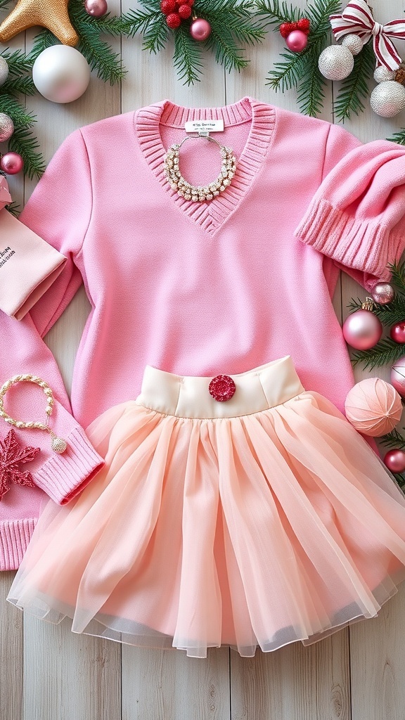 Aesthetic Pink Christmas Outfit Ideas Flat lay of pink Christmas outfits with accessories on a festive background.